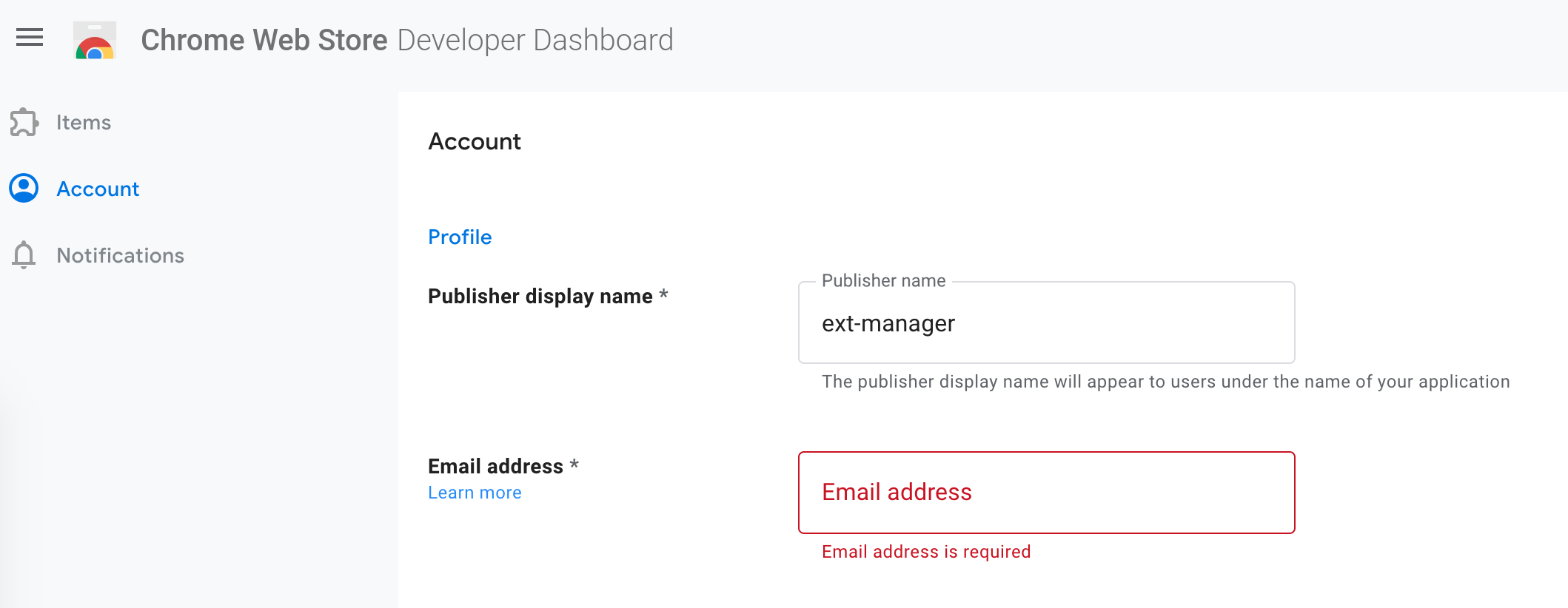 chrome web store asks for contact email